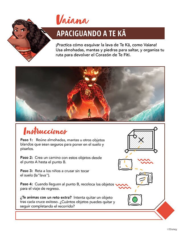 Juego de obstáculos de lava inspirado en Vaiana y el dominio de Te Kā.
