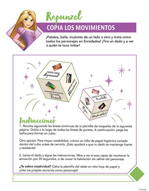 Juego de dados de Rapunzel con indicaciones de personajes de Enredados.