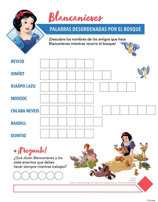 Juego de fiesta de Blancanieves con desafío de palabras revueltas.