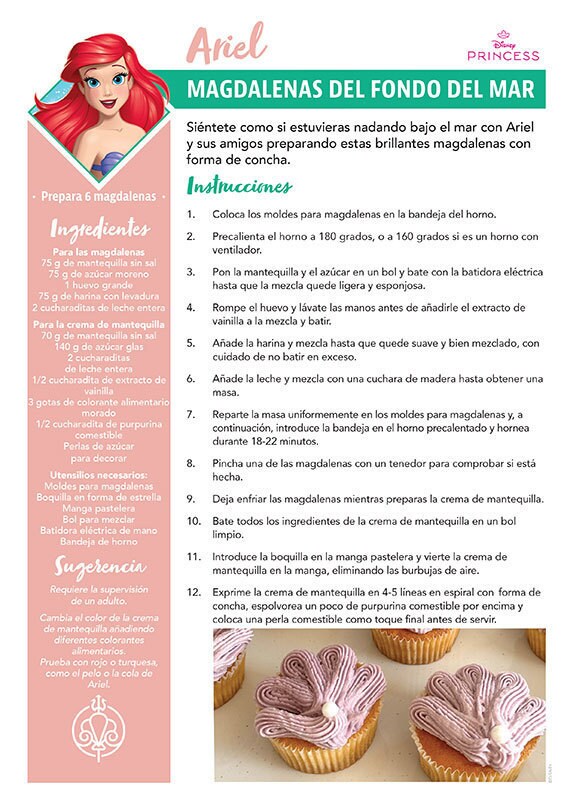 Receta titulada “Magdalenas del Fondo del Mar” inspirada en Ariel de Disney, con cupcakes en forma de conchas brillantes.