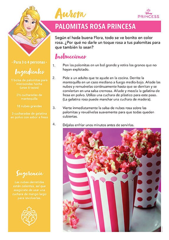 Una tarjeta de receta titulada Palomitas rosas princesa, inspirada en Aurora de La Bella Durmiente, con palomitas sabor fresa.