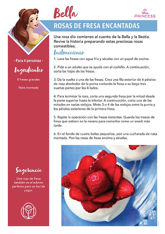 Una tarjeta de receta titulada Rosas de fresa encantadas, inspirada en Bella de La Bella y la Bestia, con dulces en forma de rosa de fresa.