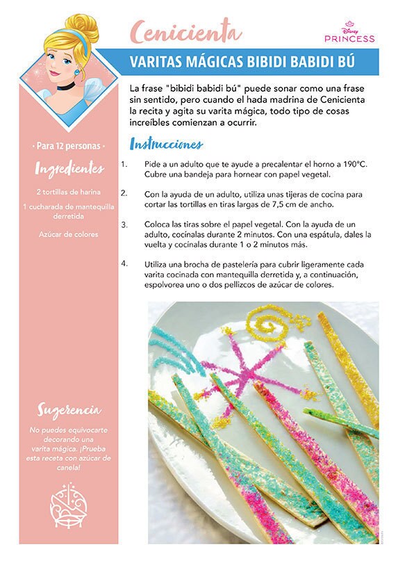 Una tarjeta de receta titulada Varitas mágicas, inspirada en Cenicienta, con palitos dulces de tortilla.