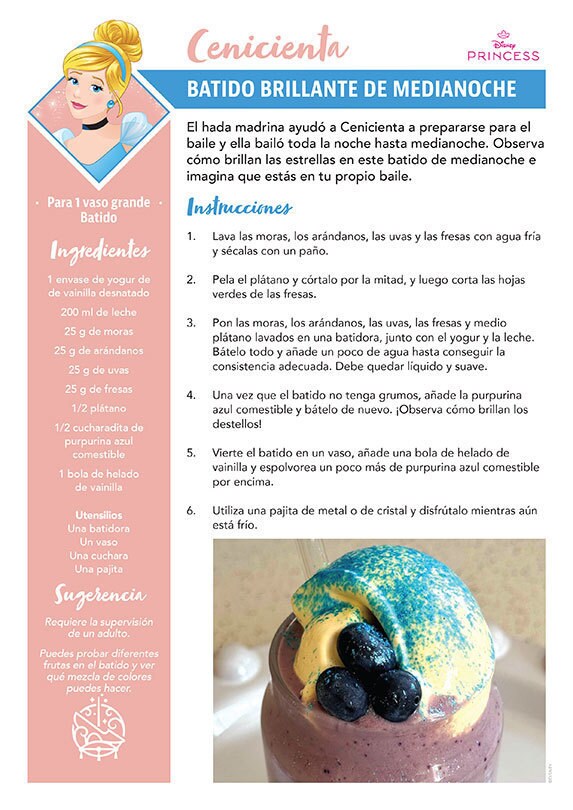 Receta titulada “Batido Brillante de Medianoche” inspirada en Cenicienta de Disney.