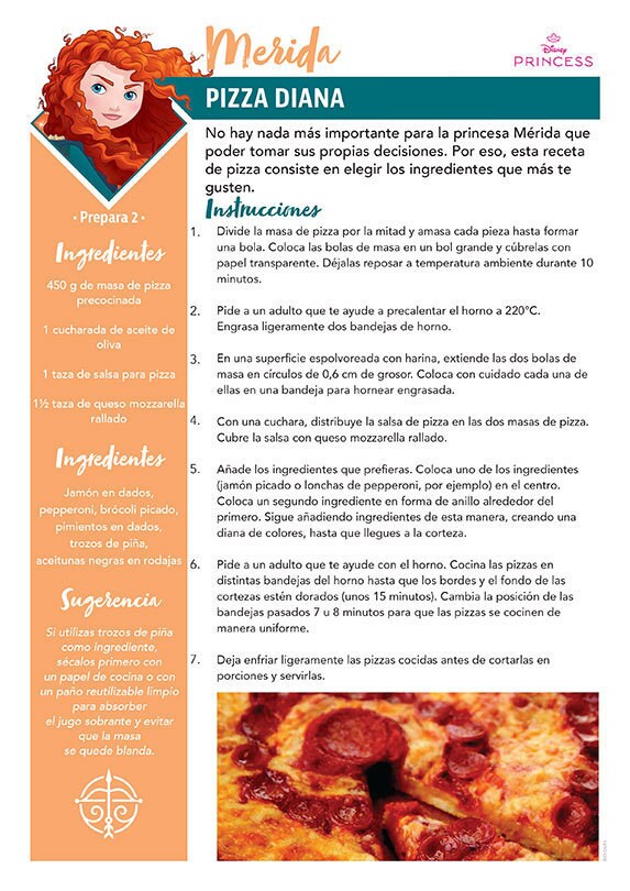 Una tarjeta de receta titulada Pizza Diana, inspirada en Mérida de Valiente, con pizzas decoradas como una diana.