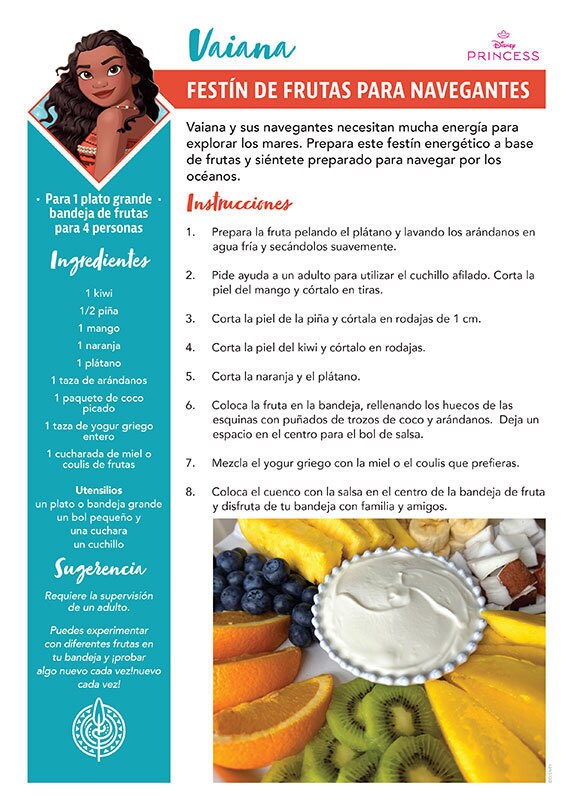 Receta titulada “Festín de Frutas para Navegantes” inspirada en Vaiana de Disney, con una bandeja de frutas.