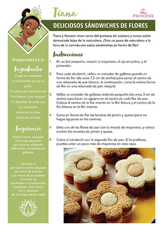 Una tarjeta de receta titulada Sándwiches florales sabrosos, inspirada en Tiana de La Princesa y el Sapo, con sándwiches de jamón y queso en forma de flor.