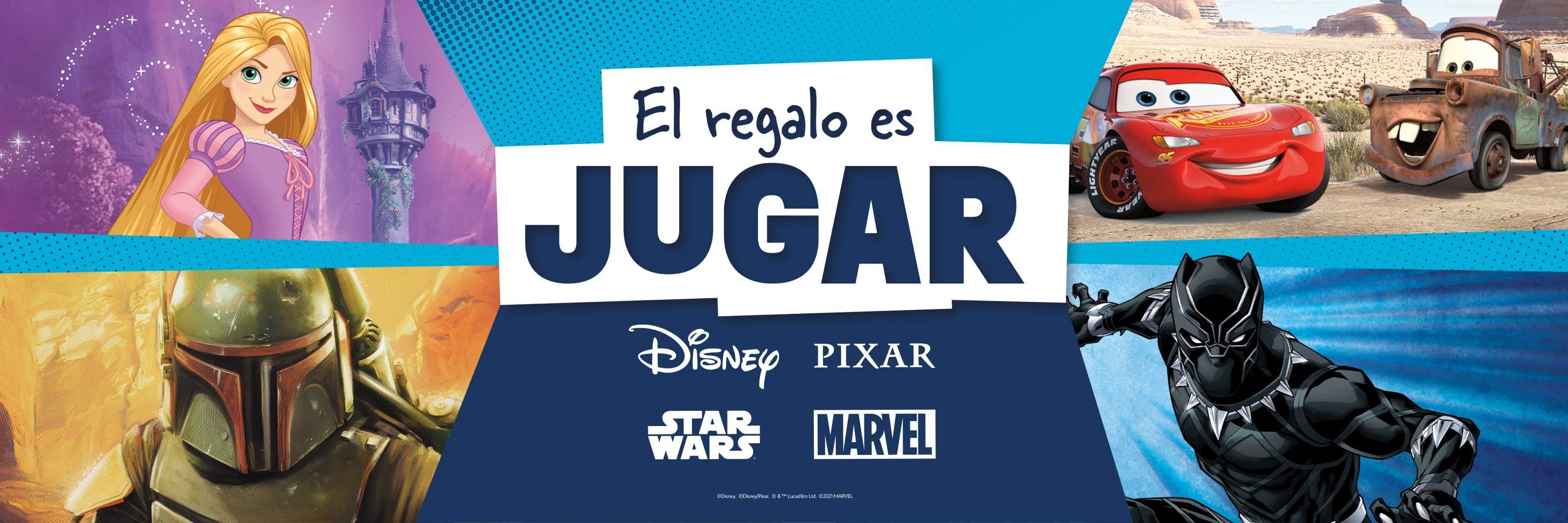 Personajes de Disney, Pixar, Star Wars y Marvel frente a un fondo azul con logos de marcas en el centro