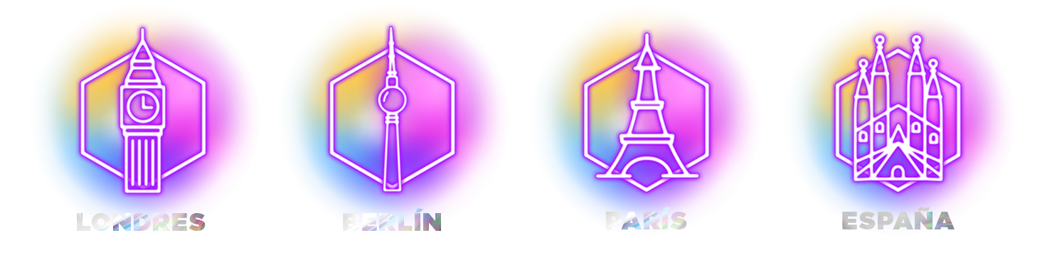 Iconos de los diferentes lugares del evento como Londres, Berlín, París y España