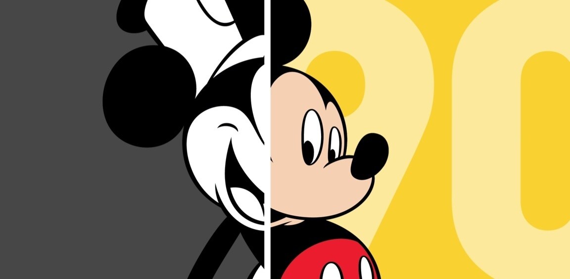 A retro image and modern image of Mickey Mouse combined together