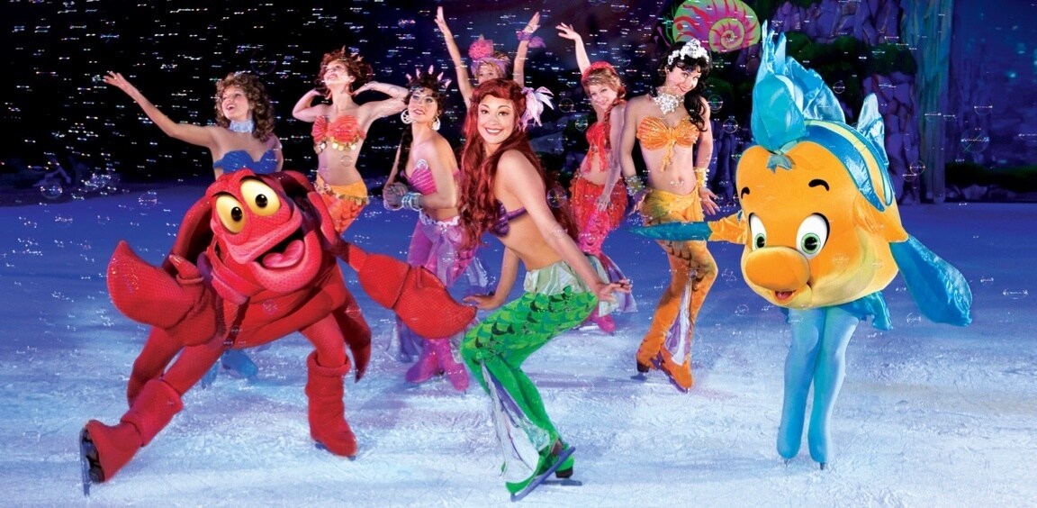 Disney Princesses, Ariel, Sebastian and Flounder performing on ice