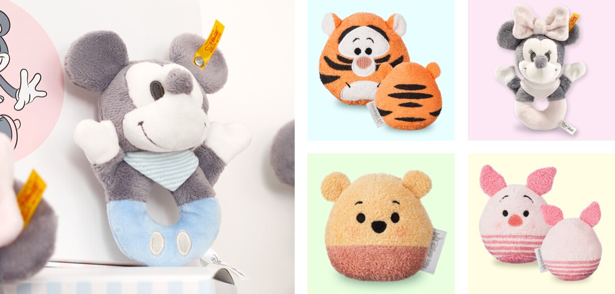 Steiff Mickey Rattle, Winnie the Pooh rattle and Tigger rattle