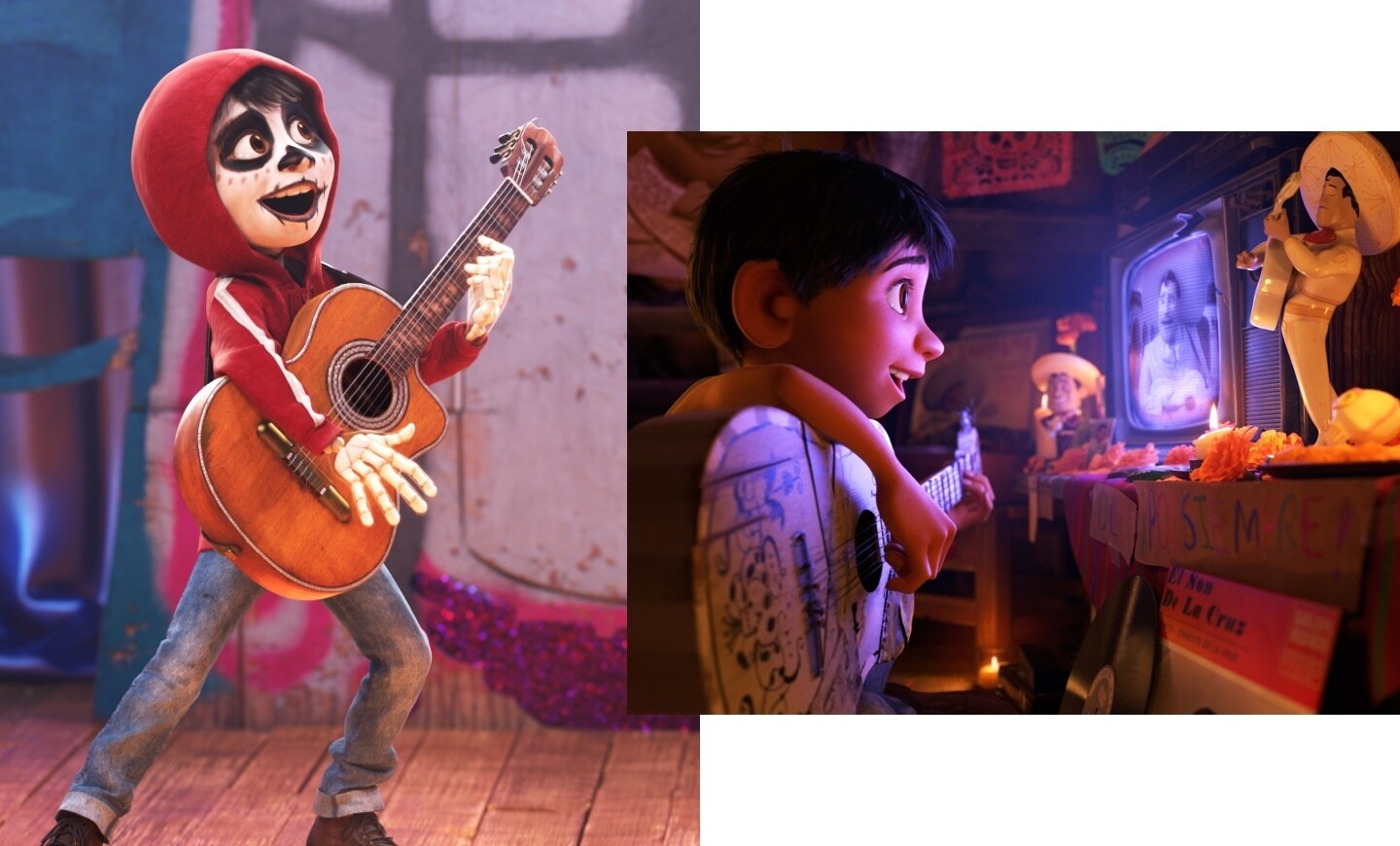 Miguel playing the guitar dressed up as a skeleton and Miguel playing the guitar watching Ernesto on the TV