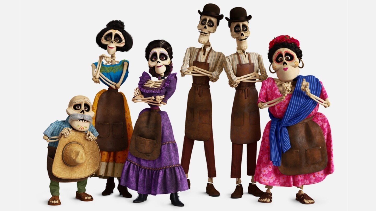 Six of the crown characters in Coco wearing the clothes created for them
