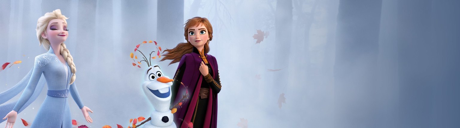 Elsa, Olaf and Anna walking in a misty wood