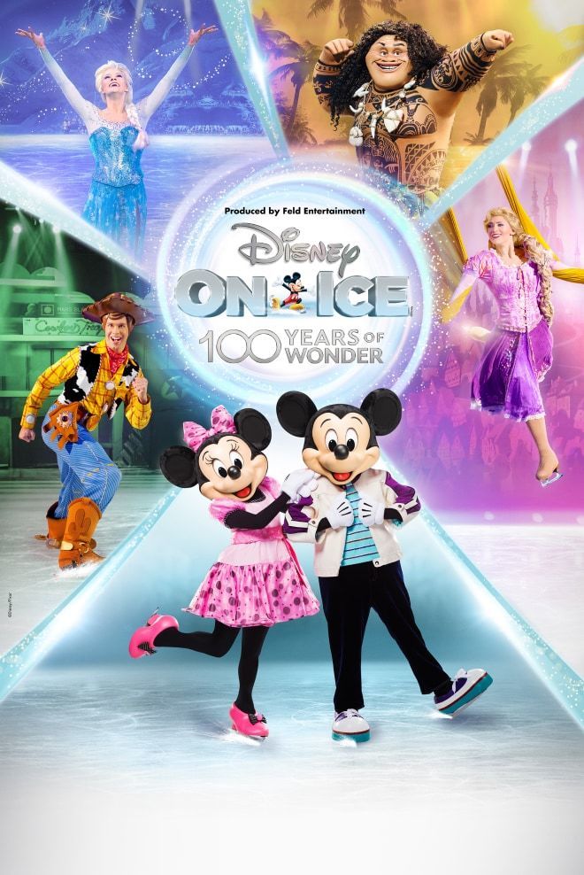 Characters from Disney On Ice presents 100 Years of Wonder including Mickey and Minnie, Woody, Maui, Elsa and Rapunzel