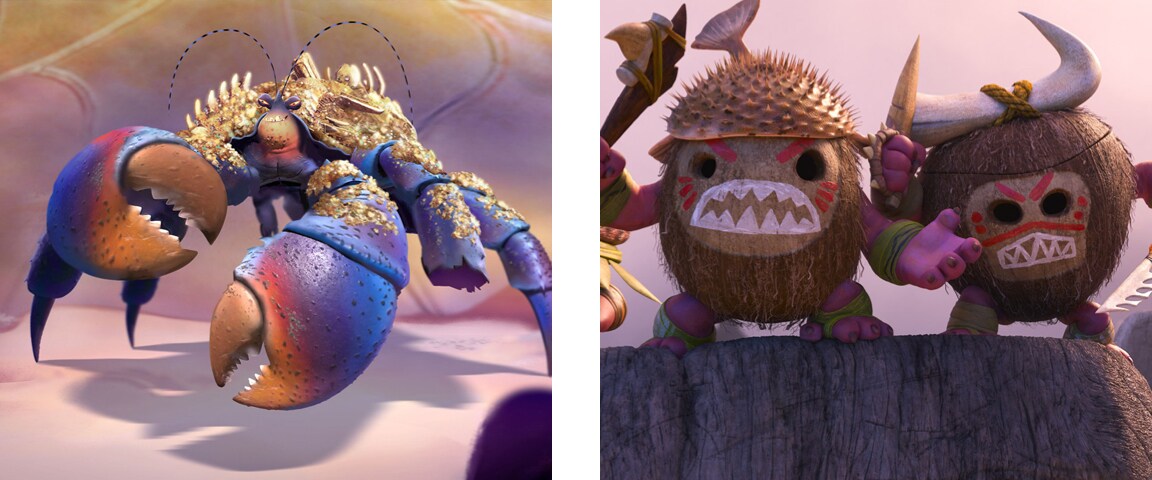 Tamatoa in Lalotai and The Kakamora standing on top of a rock
