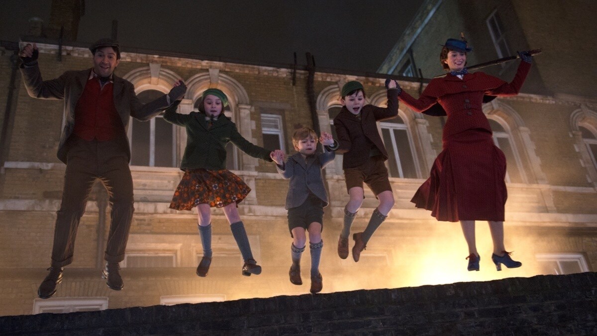 Jack, Annabel, Georgie, John and Mary Poppins jump off a roof into a world of magic and adventure