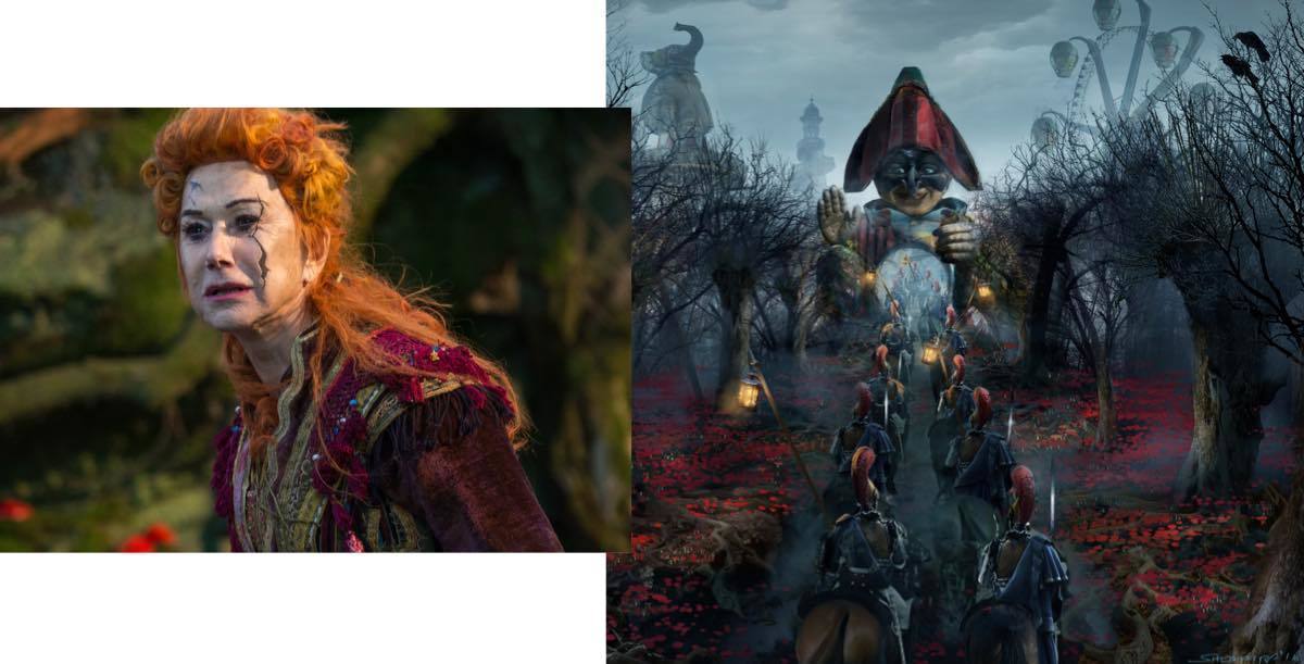 Close-up of Mother Ginger and Concept art of the Fourth Realm in Disney's The Nutcracker and the Four Realms