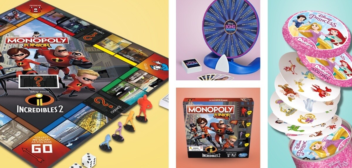 Jogo de tabuleiro Incredibles 2 Monopoly Junior, roda giratória Hasbro Disney Song Challenge e Disney Princess Dobble