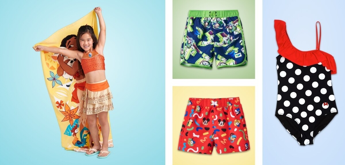 A selection of swimwear inspired by Toy Story, Mickey and Friends, Moana and Minnie