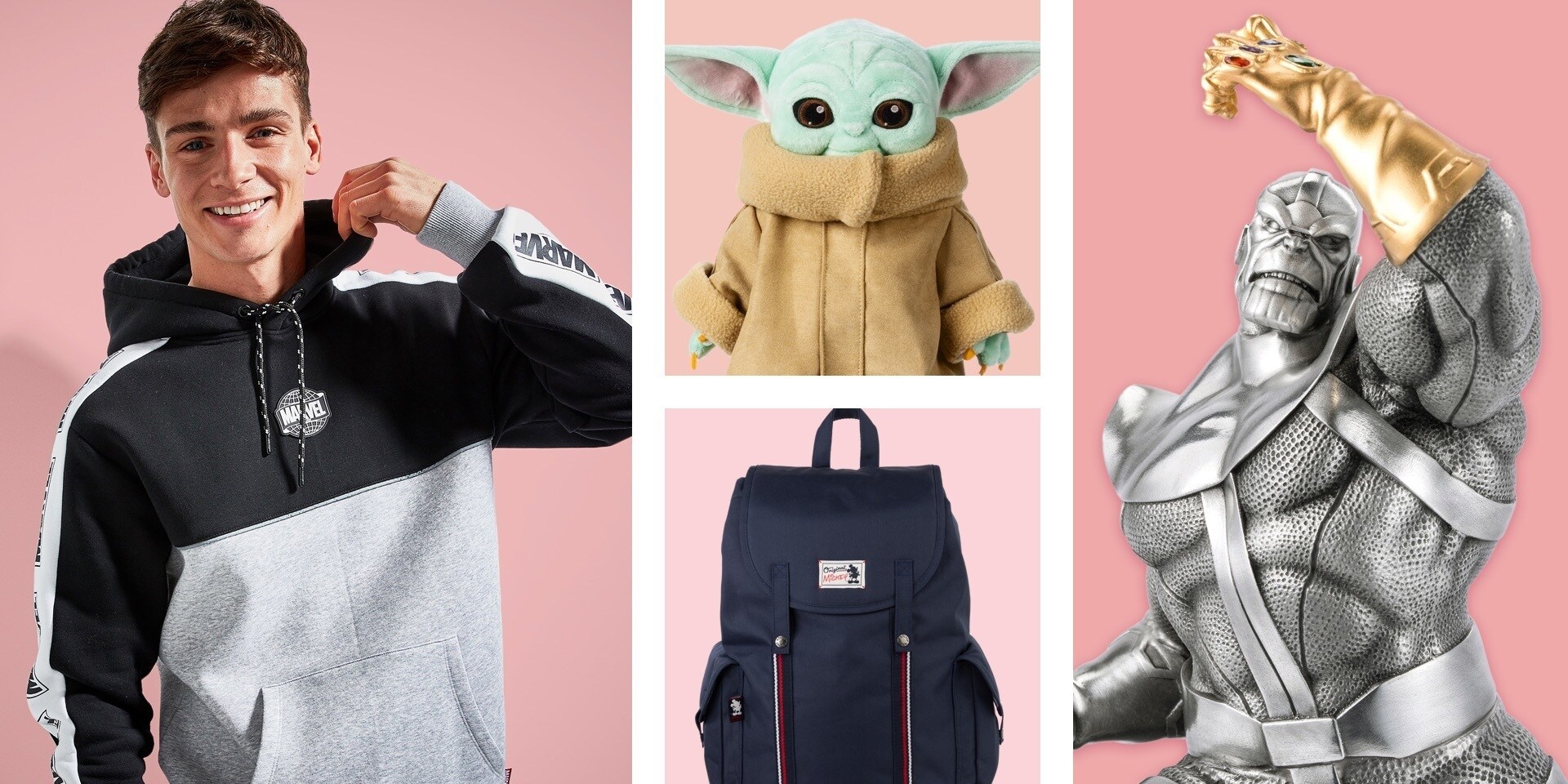 Male wearing a Marvel sweatshirt, Mickey Mouse backpack, The Child soft toy and Thor figurine