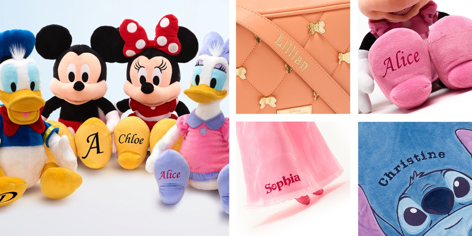 A selection of products with personalised names from shopDisney