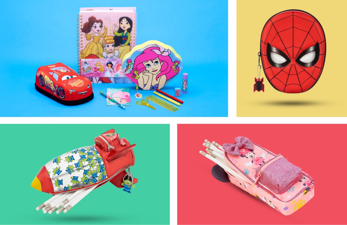 Uma seleção de artigos de papelaria da shopDisney incluindo estojos de Toy Story, Minnie Mouse e Homem-aranha.