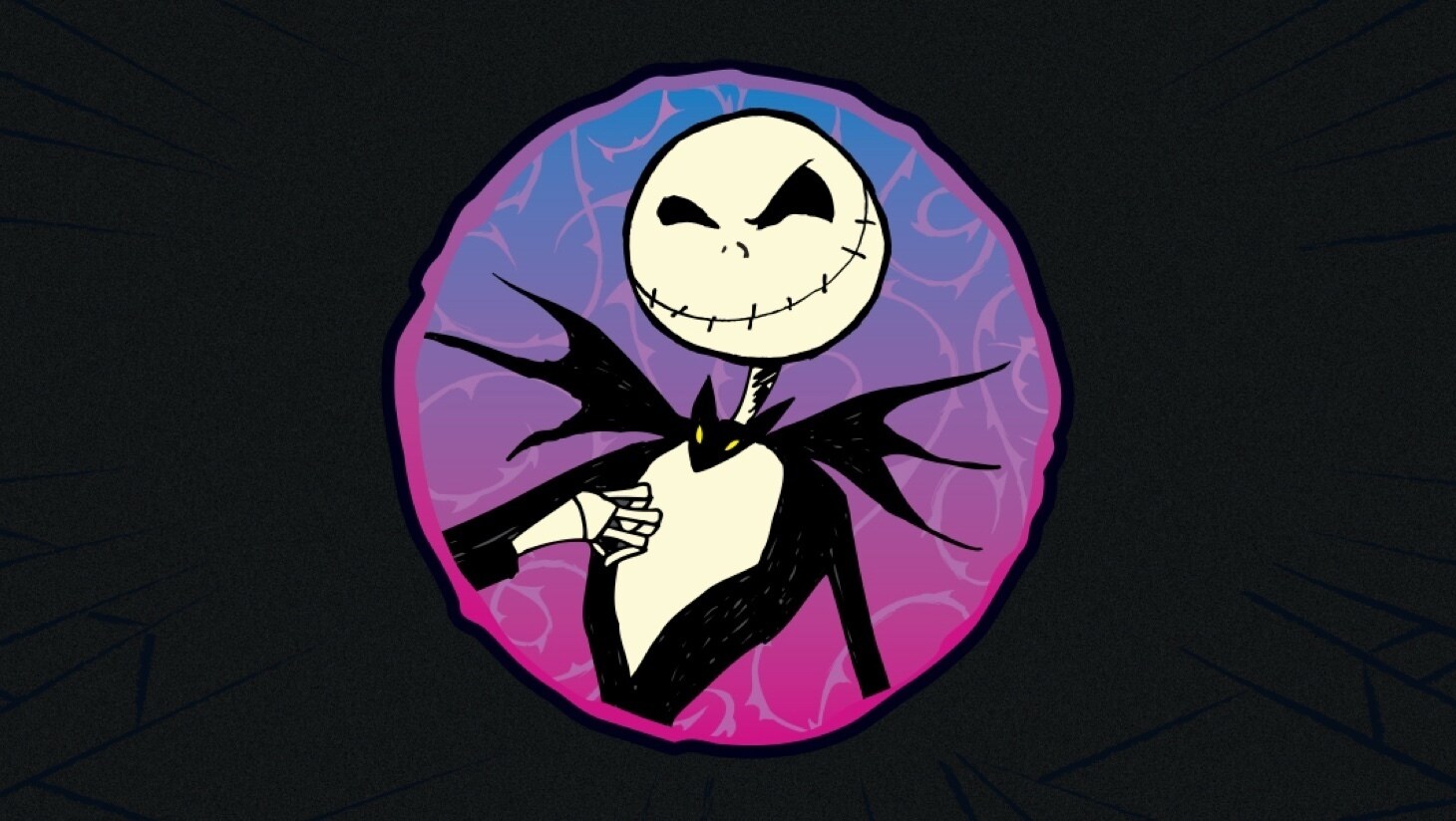 An illustrated Jack Skellington portrait on a purple background with spiderweb decorations
