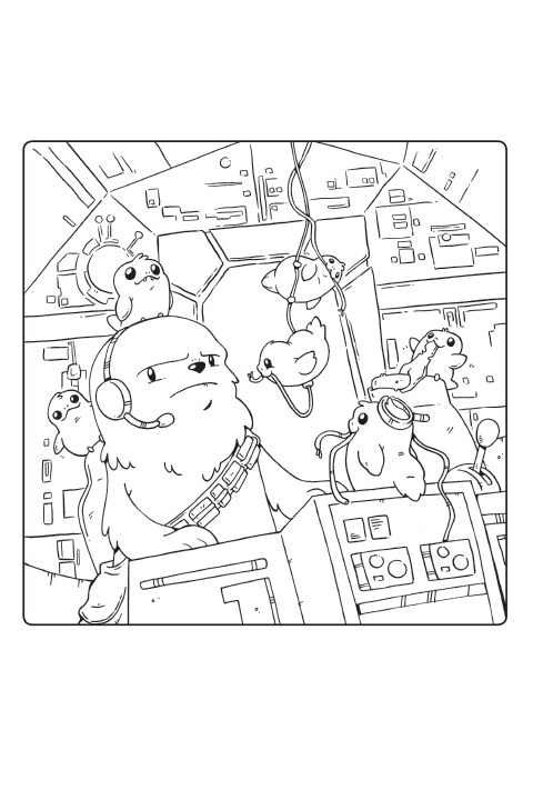A colouring sheet featuring Chewbacca and some Porgs