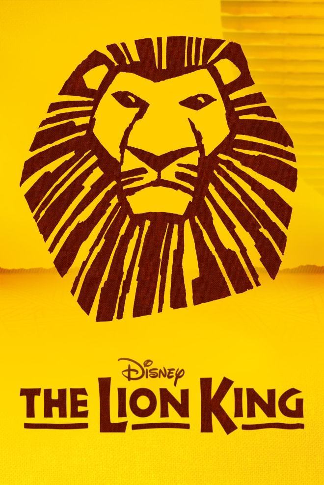 The silhouette of a lion head on a yellow patterned background with the 'The Lion King' logo at the bottom