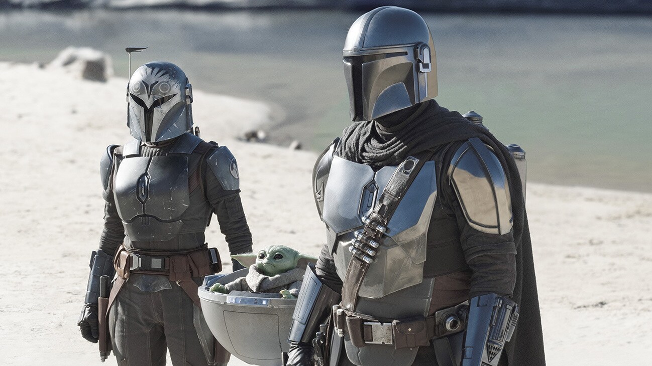 Bo-Katan Kryze (Katee Sackhoff), Grogu and Din Djarin (Pedro Pascal) in the Disney+ Original series, Star Wars: The Mandalorian, Season 3.