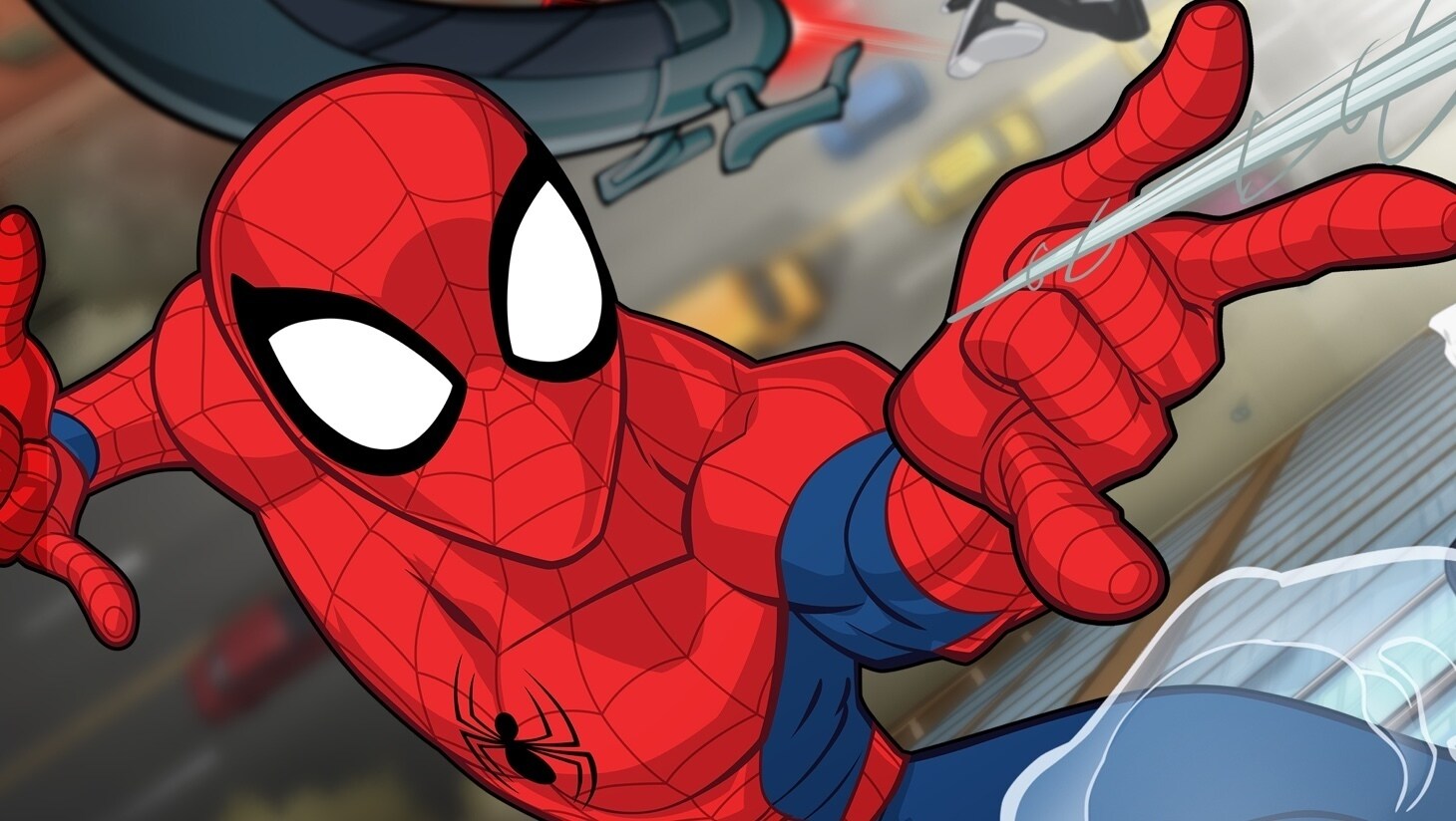 Zbliżenie na Spidermana Marvela, który podrzuca pajęczynę