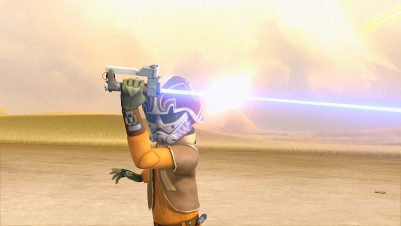 Ezra deflecting blaster fire with his original lightsaber