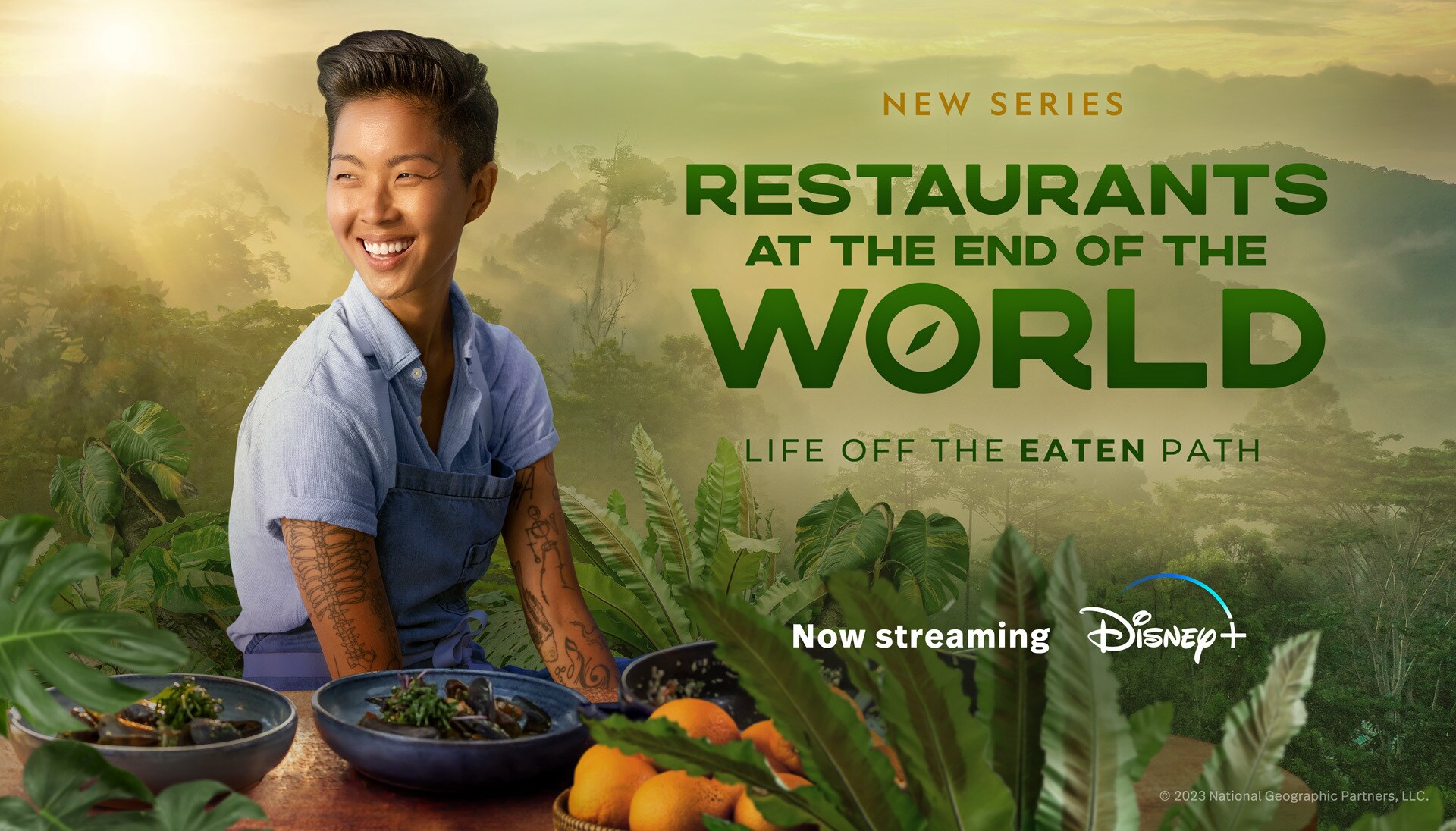 Chef Kristen Kish sits in a field with dishes in front of her on the poster for Restaurants at the End of the World