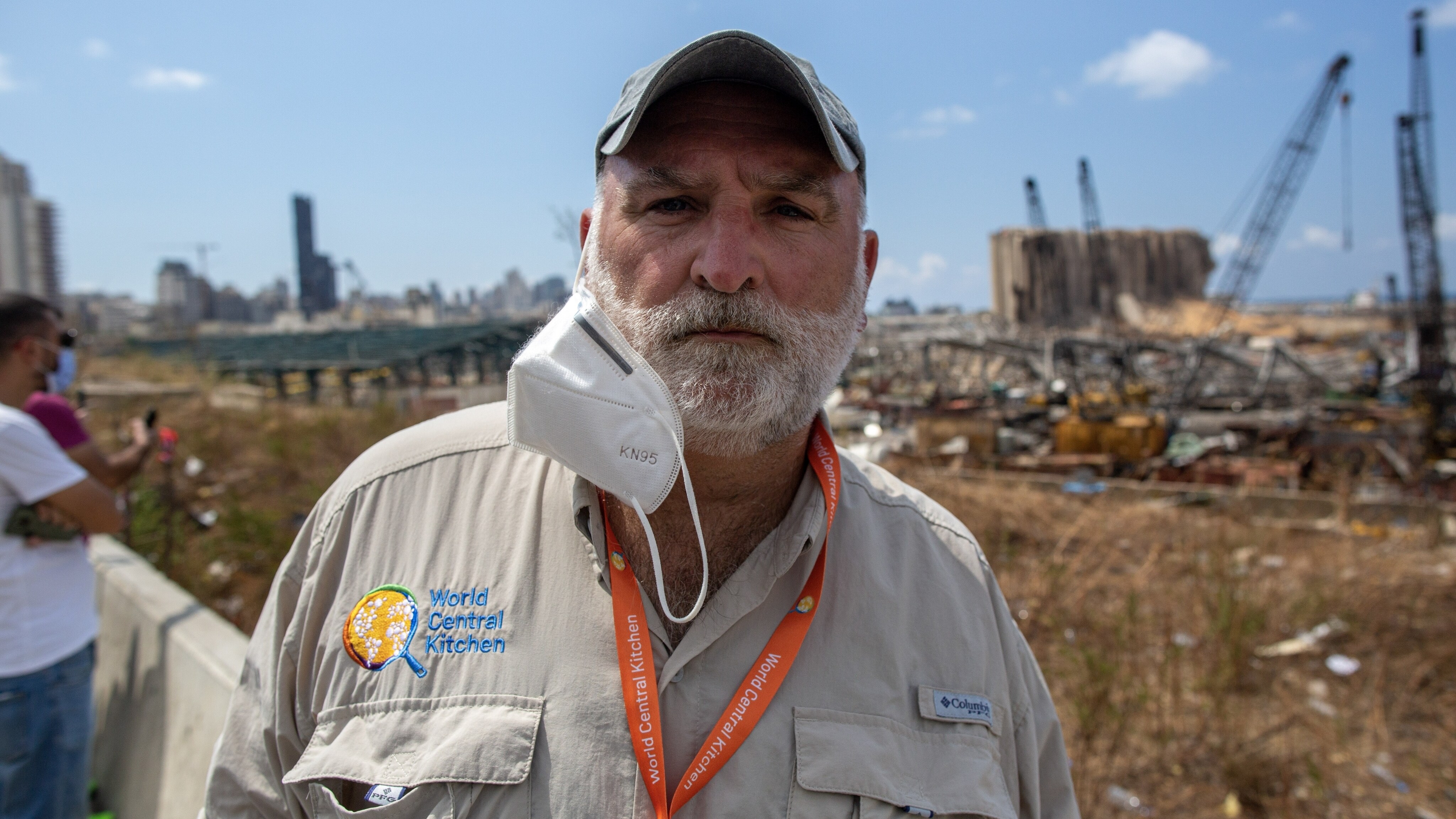 José Andrés in front of the recently exploded Beirut port. (Credit: National Geographic/Chris Kousouros)