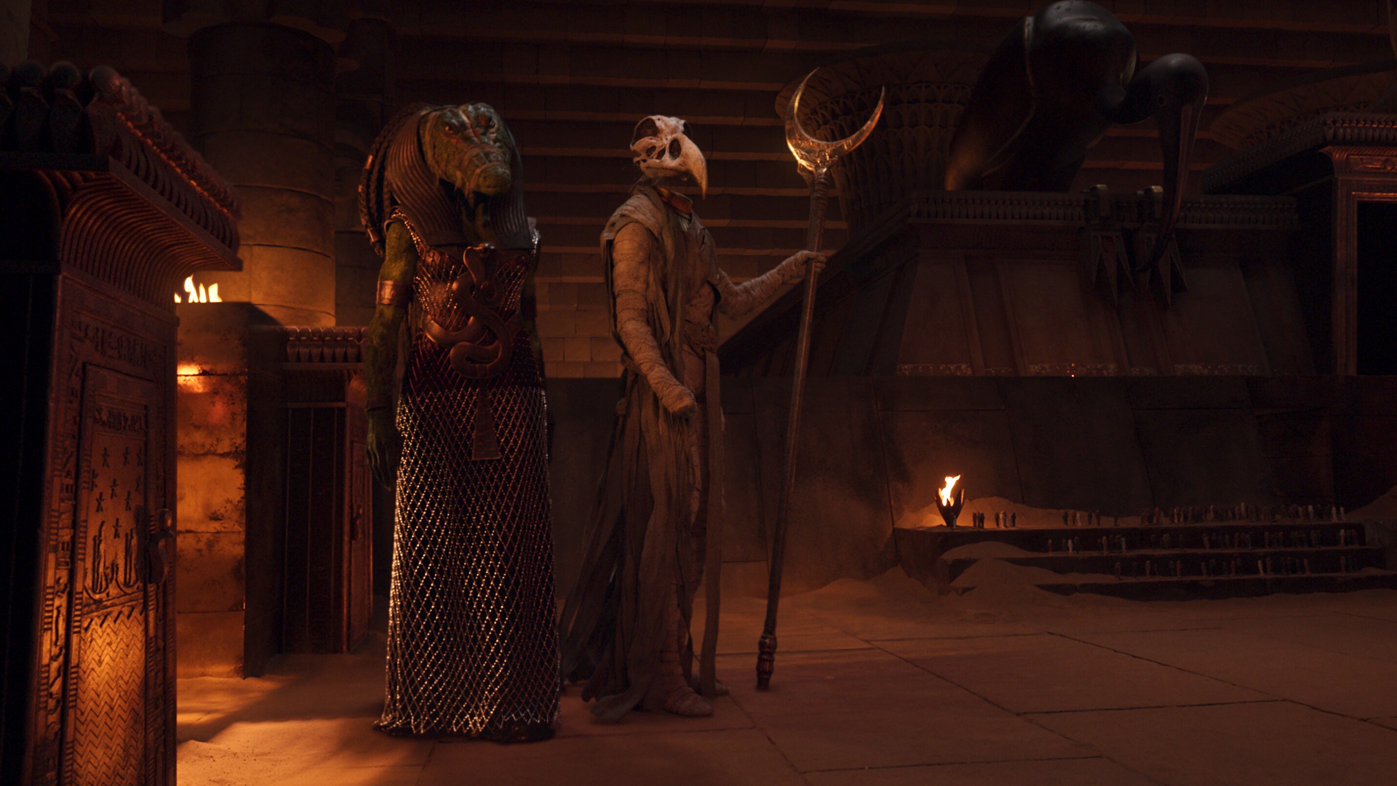 (L-R): Ammit (voiced by Saba Mubarak) and Khonshu (voiced by F. Murray Abraham) in Marvel Studios' MOON KNIGHT., exclusively on Disney+. Photo courtesy of Marvel Studios. ©Marvel Studios 2022. All Rights Reserved.