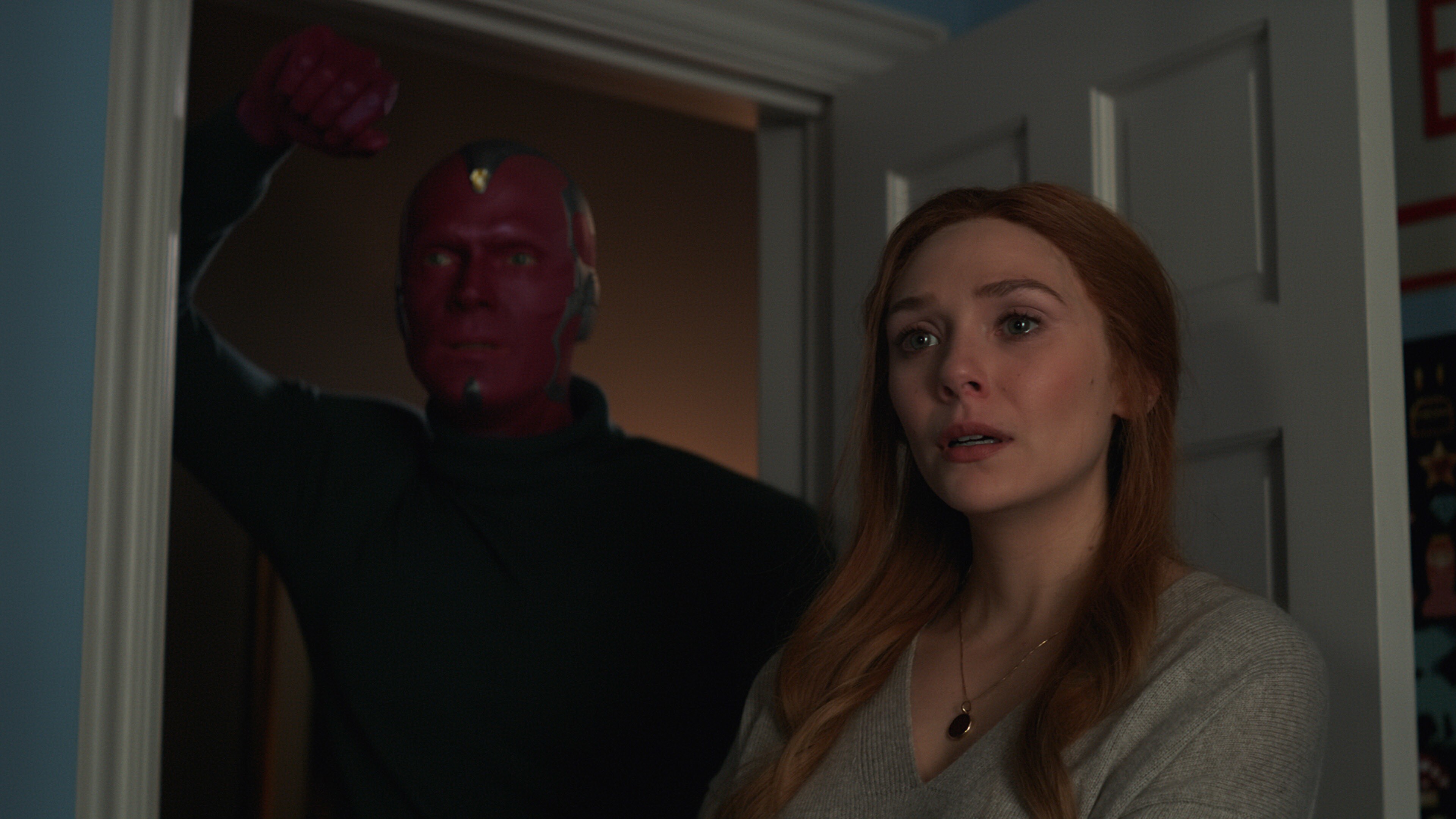 Paul Bettany as Vision and Elizabeth Olsen as Wanda Maximoff in Marvel Studios' WANDAVISION exclusively on Disney+. Photo courtesy of Marvel Studios. ©Marvel Studios 2021. All Rights Reserved.