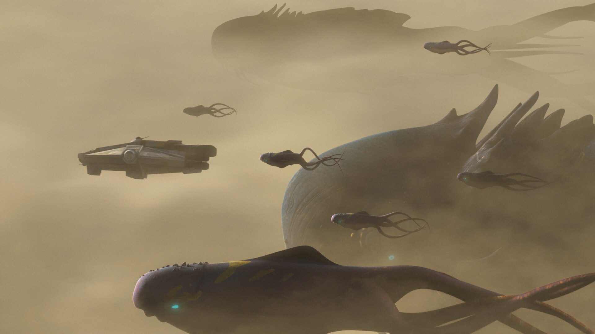 A herd of purrgil, mysterious space whales, follow the Ghost through a cloud.