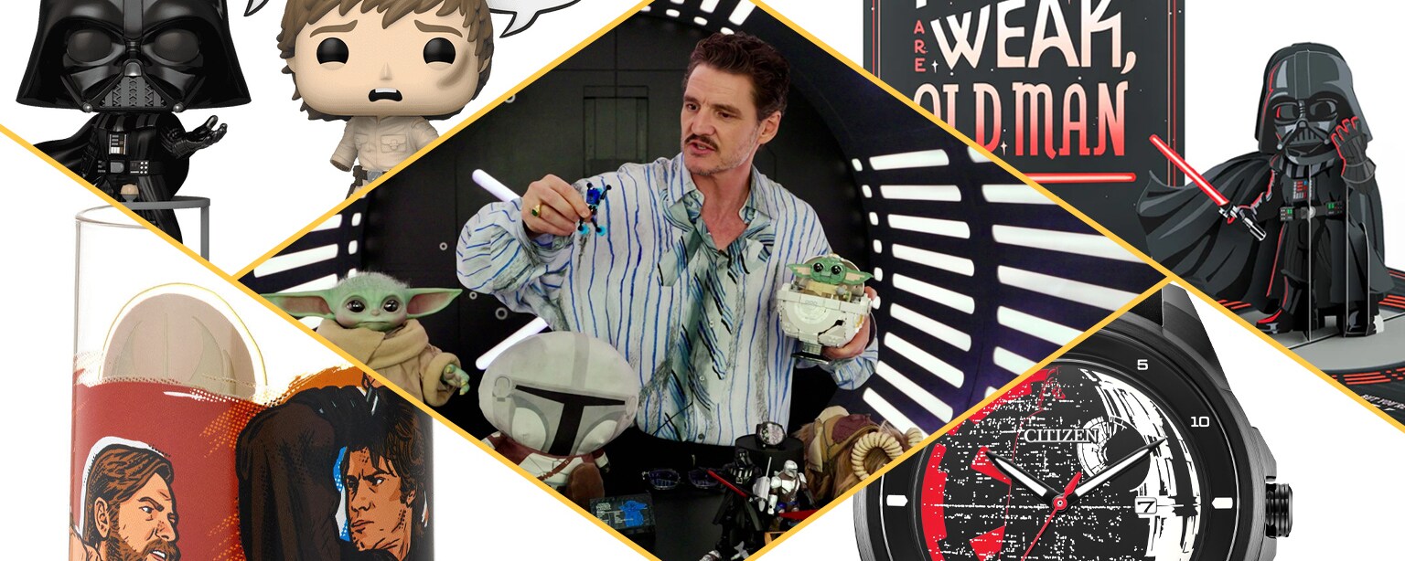 Collage of Star Wars Father's Day gifts with Pedro Pascal