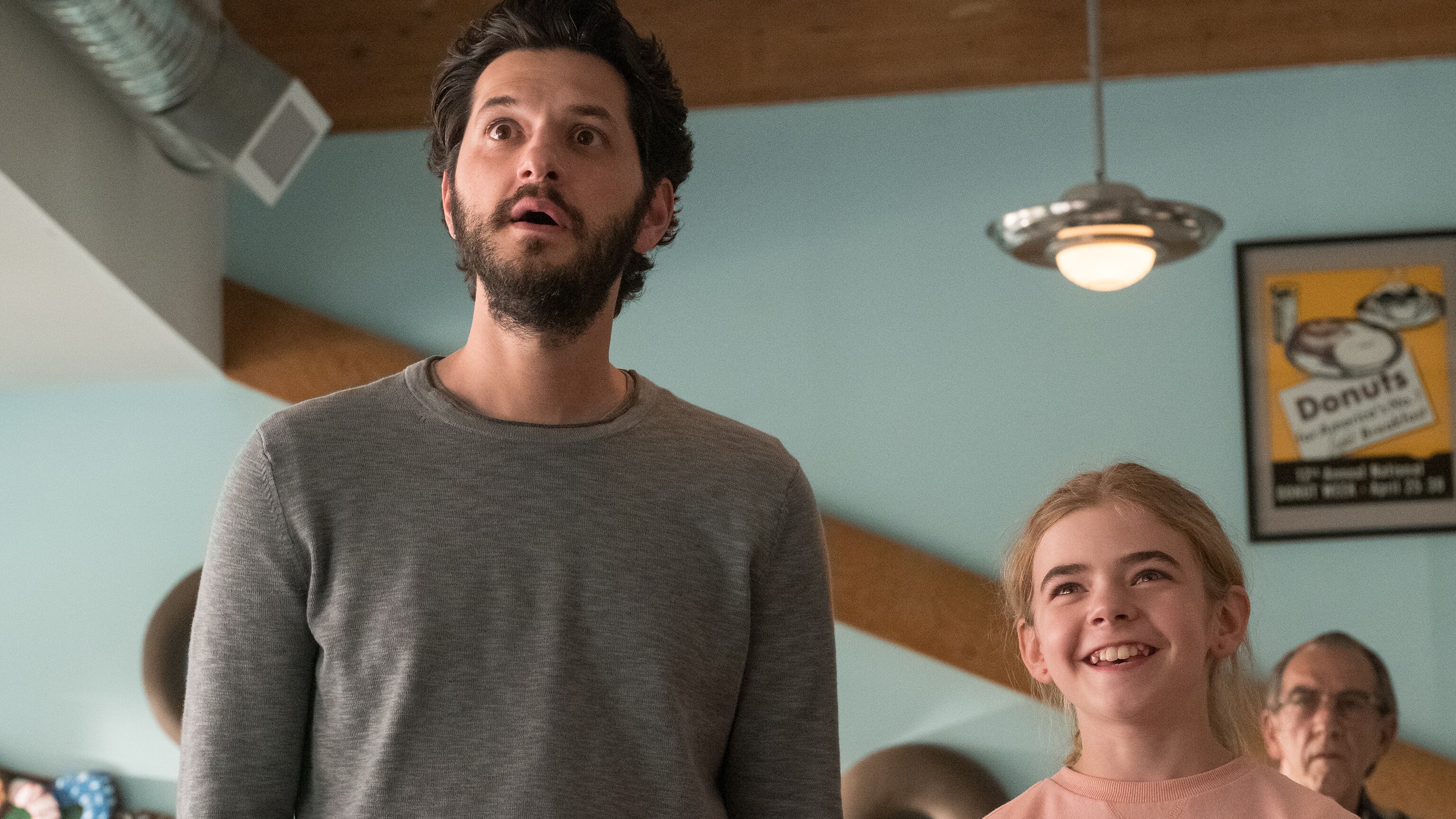 Ben Schwartz as George and Matilda Lawler as Flora in FLORA & ULYSSES, exclusively on Disney+.