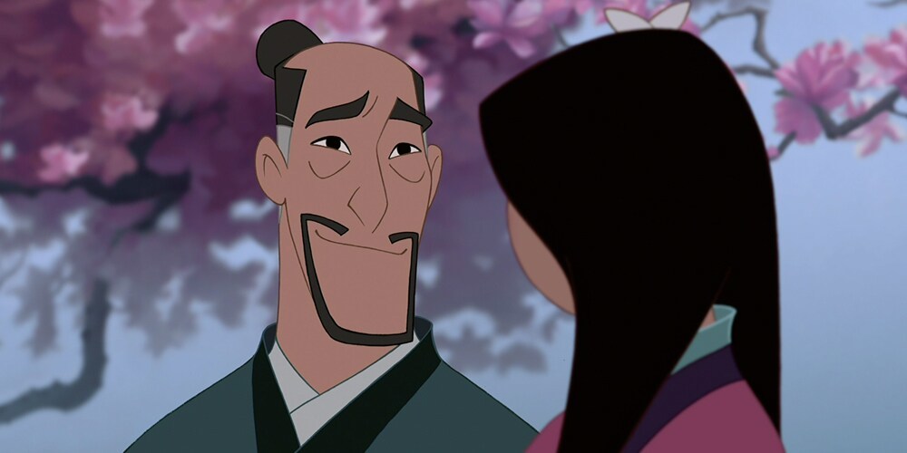 Characters Fa Zhou and Mulan talking in the animated movie "Mulan"