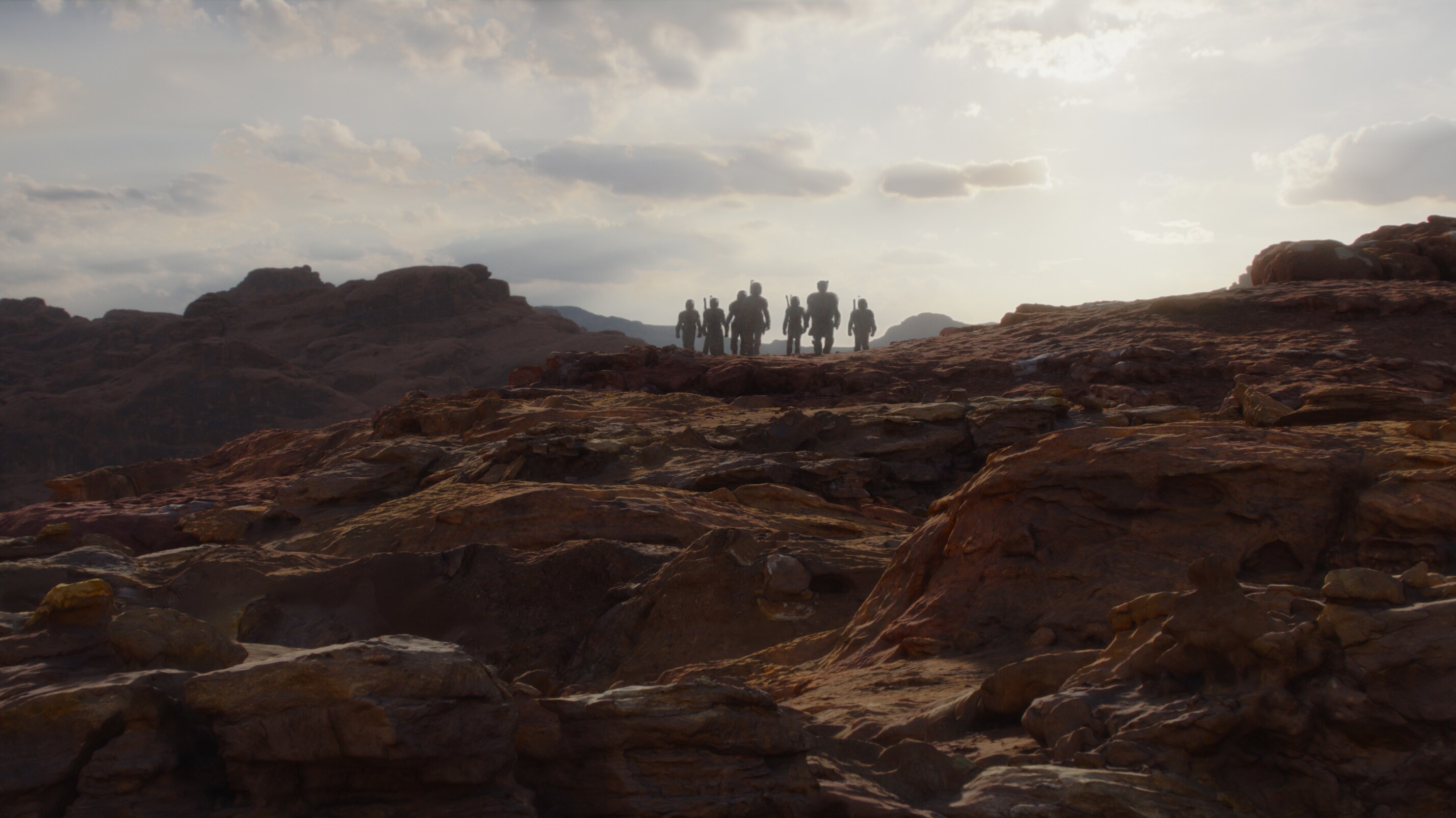 Mandalorians in a scene from Lucasfilm's THE MANDALORIAN, season three, exclusively on Disney+. ©2023 Lucasfilm Ltd. & TM. All Rights Reserved.