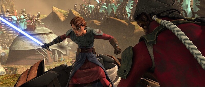 Anakin Skywalker fighting Hondo Ohnaka on Felucia