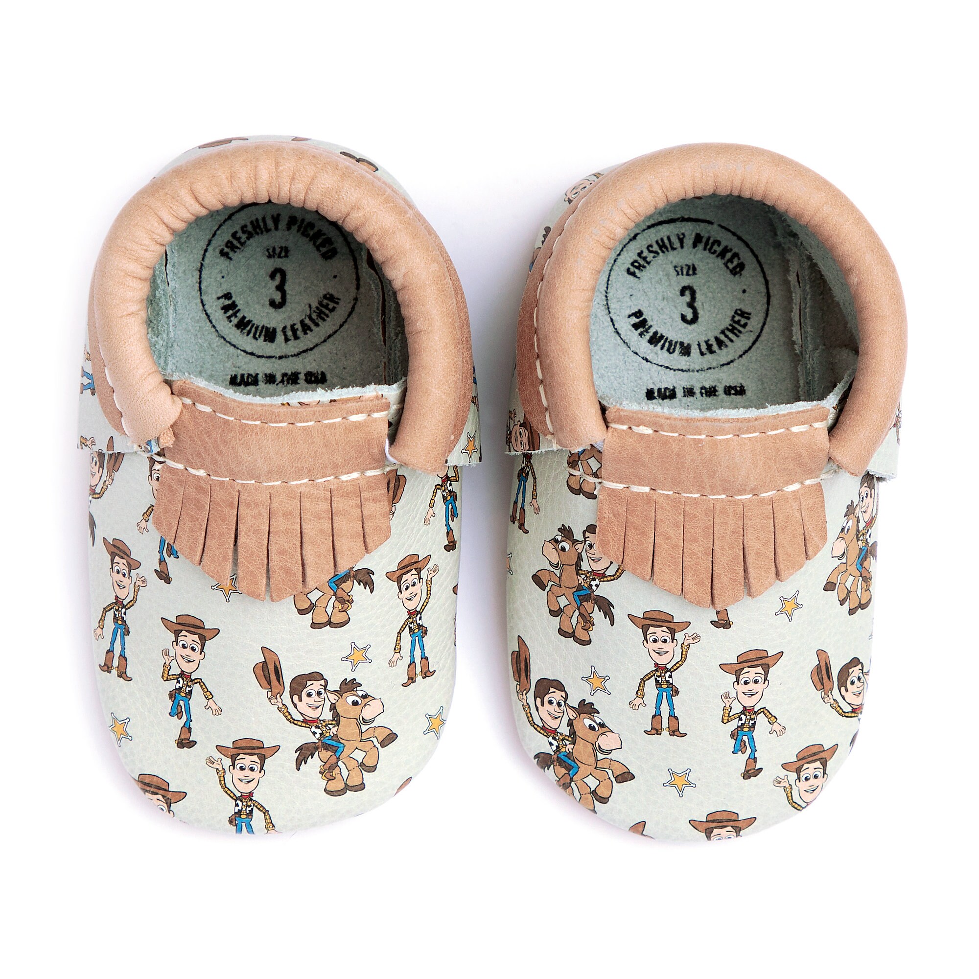 Woody and Bullseye Moccasins for Baby by Freshly Picked