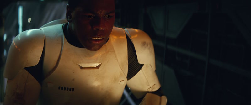 A distraught Finn in Stormtrooper armor