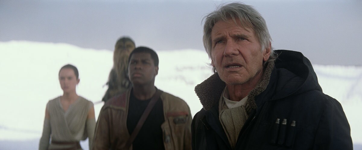 Finn, Rey, Chewbacca, and Han Solo on Starkiller Base