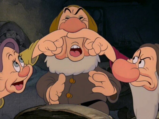 Dwarfs tries to stop Sneezy from sneezing.