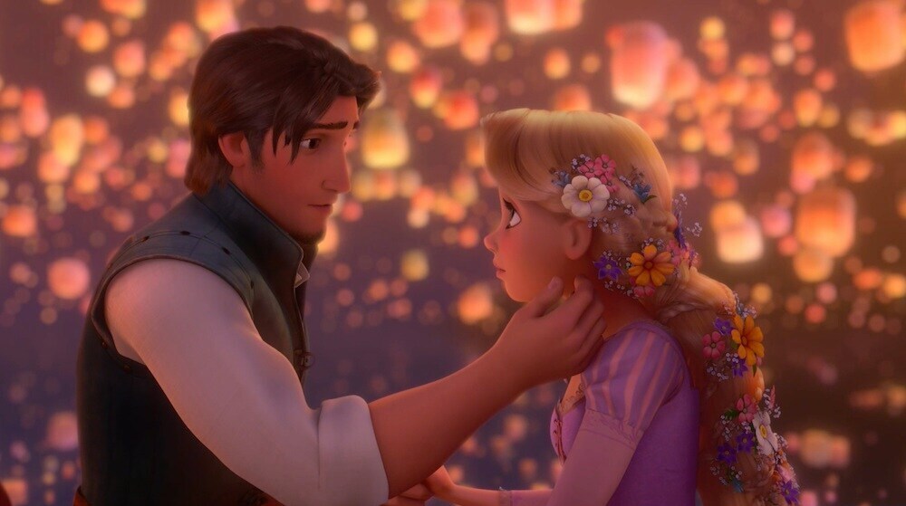 Animated characters Flynn Rider and Rapunzel from the film "Rapunzel"