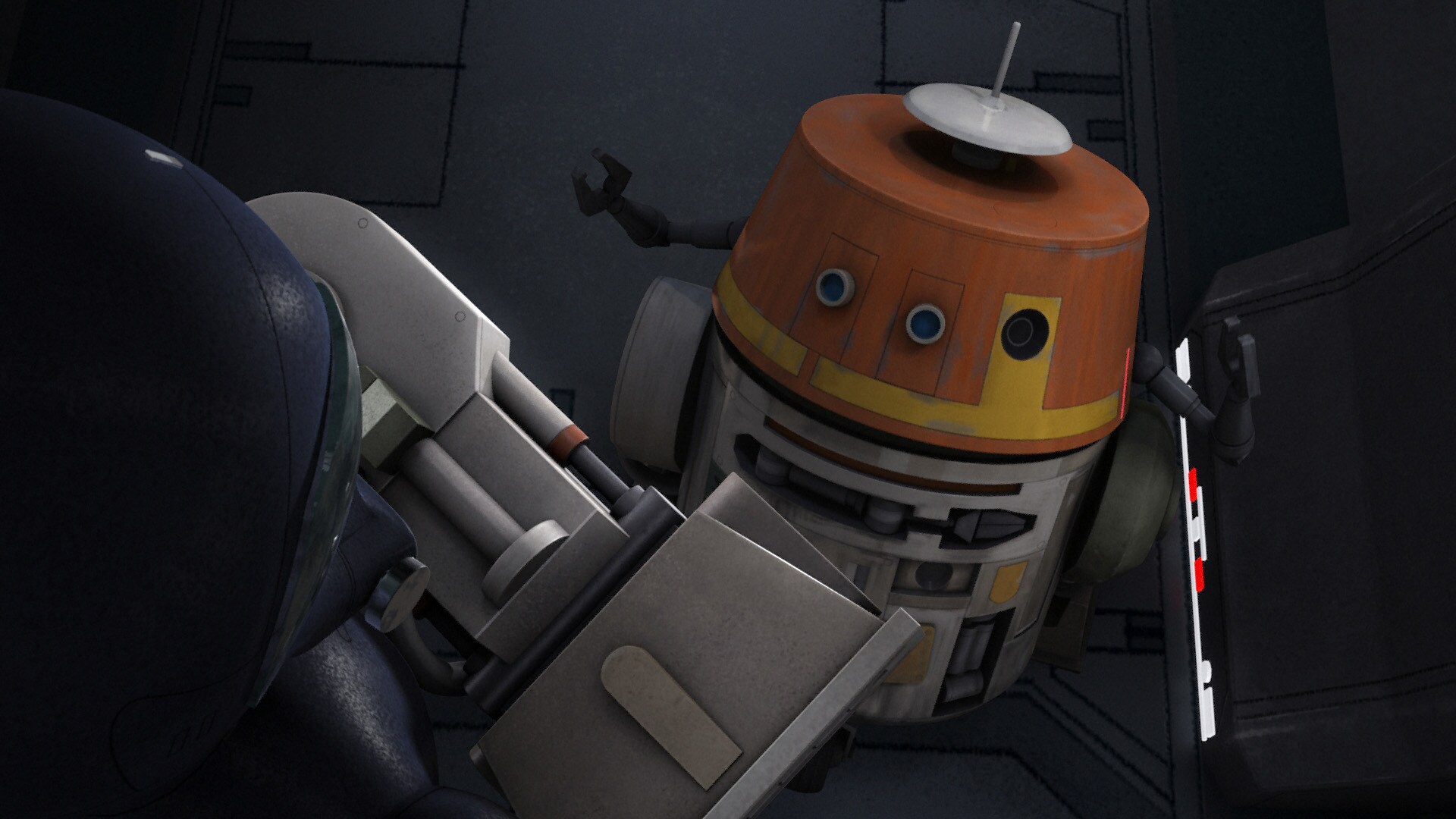 Chopper evades the droid for a time, but eventually comes upon a locked door and is caught. The i...